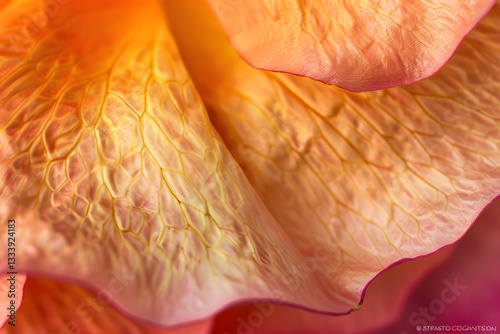 Exploring the Intricate Veins and Hues of a Rose Petal: A Detailed Macro View of Delicate Flower Structure, Revealing Nature's Artistic Mastery with Vivid Colors and Textural Details.