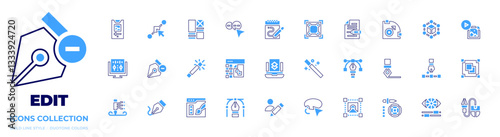 Edit icon collection. Bold line style. Duotone colors. user, graphics edition, photo editing, sound editing, magic wand, highlighter, write, scale, add