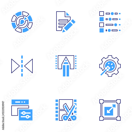 Edit icon set. Bold line style. Duotone colors. Editable stroke. file, video editing, movie, configuration, color palette, reflection, magic wand, web settings