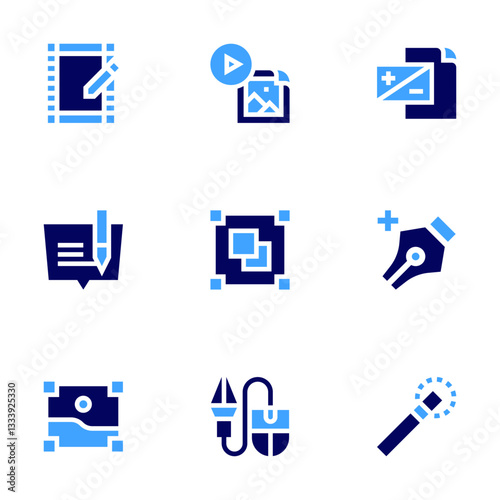 Edit icon set. Bold style. Duotone colors. video editing, edit, image, group, design tool, magic wand, motion, exposure, anchor