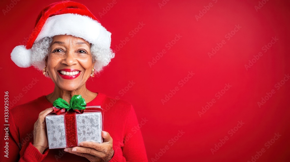 Festive Joy: A Portrait of Holiday Gifting: A cheerful senior woman, radiating warmth and seasonal delight, in a Santa hat. Festive Joy: A Portrait of Holiday Gifting: A cheerful senior woman, radiating warmth and seasonal delight, in a Santa hat.