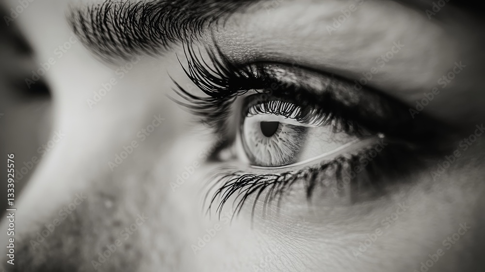 Obraz premium A close-up of a squinting eye, its pupil a dark pit, framed by a cascade of wispy eyelashes and the faint outline of an eyebrow, revealing a hint of mystery and introspection.