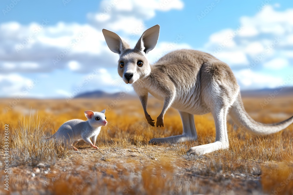 A kangaroo and a smaller animal stand together in a vibrant, sunlit Australian landscape A kangaroo and a smaller animal stand together in a vibrant, sunlit Australian landscape