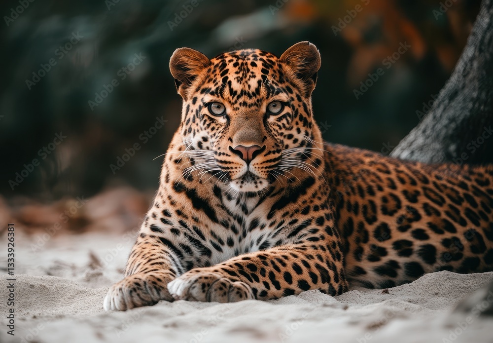Obraz premium Majestic leopard resting gracefully on sandy ground amidst blurred foliage in a serene, natural environment, showcasing striking coat patterns and intense gaze