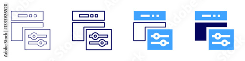 Web settings icon in 4 different styles. Thin Line, Line, Bold Line, Duotone. Duotone style. Editable stroke