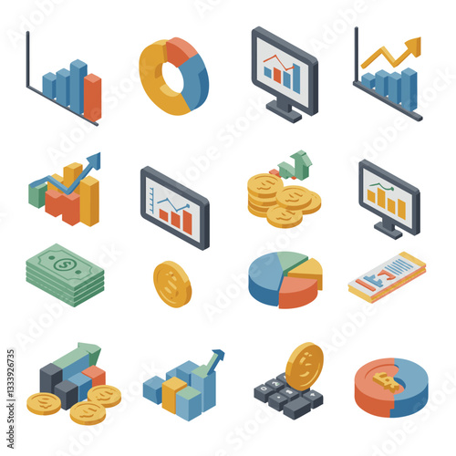 Financial Growth Isometric Icons Set with Money Charts and Analytics for Business Profit and Market Success

