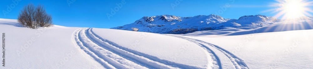 Snow-covered mountain tracks leading into the pristine wilderness. Generative AI Snow-covered mountain tracks leading into the pristine wilderness. Generative AI
