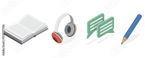 Language skills icon set. Reading, listening, speaking, writing. 3d flat isometric style.