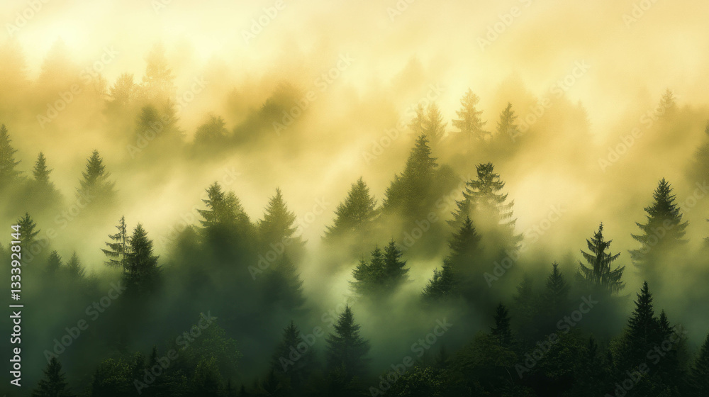 Obraz premium Mystical smoky forest landscape at dawn for nature and environment themes