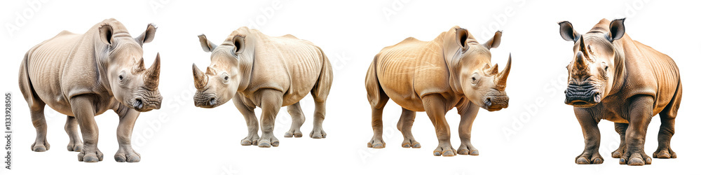 Obraz premium A group of powerful endangered rhinoceroses standing alert in the African savanna showcasing the beauty and importance of preserving these iconic wildlife species