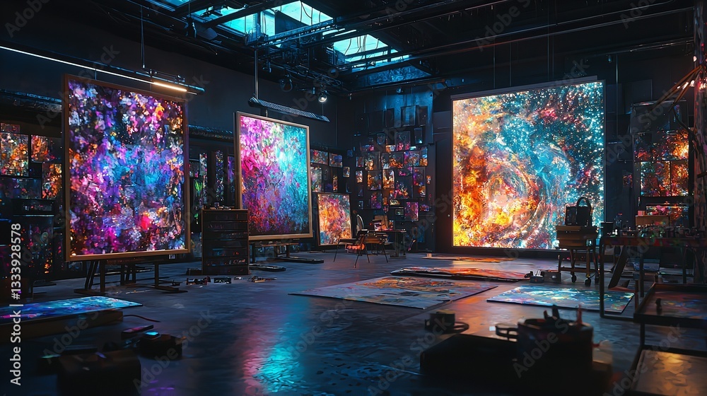 Obraz premium Artist in Artistic Studio with Colorful Paintings