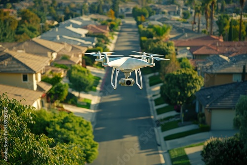 a drone flying over a suburban neighborhood street, capturing aerial footage of the houses and trees. The drone is in mid-air, ready to start recording