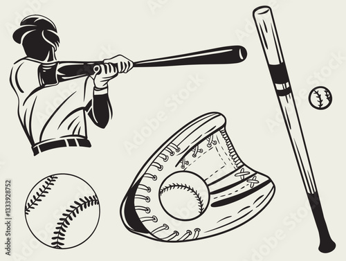 Baseball sport logo design,  Vintage Hand Drawn Object Set