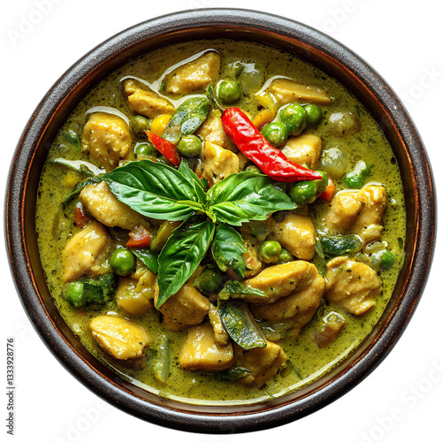 Thai Green Curry with Chicken and Spinach Isolated on Transparent Background