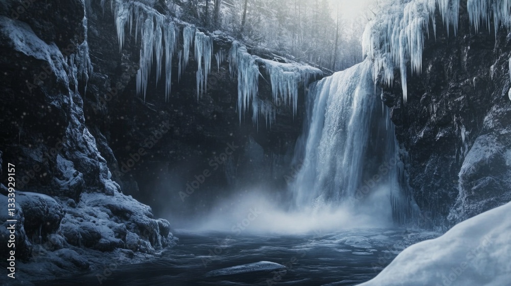 Fototapeta premium Frozen Waterfall Winter Wonderland Scene Icy Cliffs