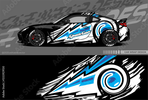 Car wrap design vector with black, white, blue colour. Abstract decal livery. Sticker vinyl body car. Suitable for racing, drift, rally or daily use 