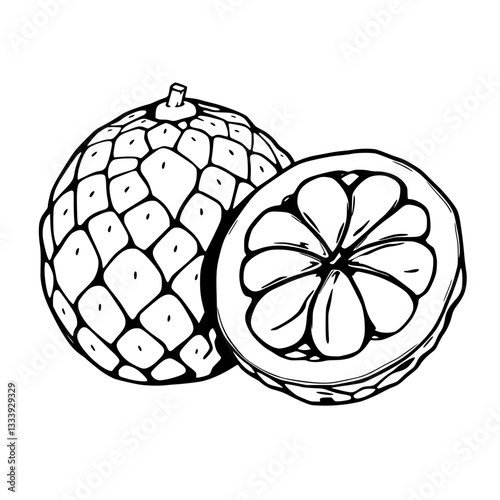 Cherimoya Fruit Illustration  Whole and Sliced  Black and Gold Design                              