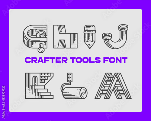 Set of vector crafter tools made in a shape of letters. Graphic design symbol alphabet font.