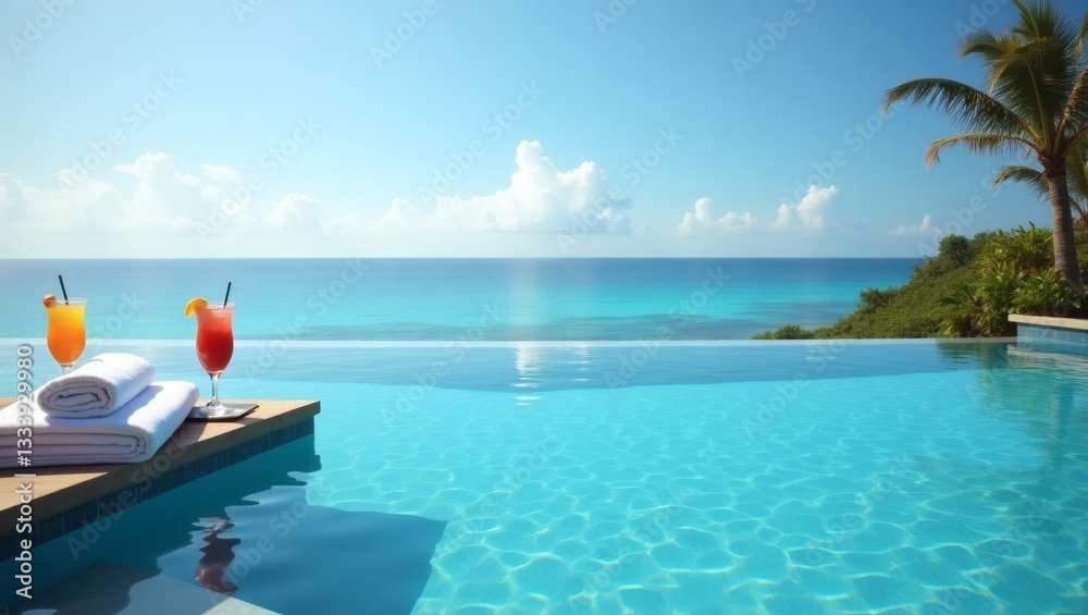 two refreshing cocktails on a tray beside the swimming pool with clear blue water and the sea with beautiful blue sky two refreshing cocktails on a tray beside the swimming pool with clear blue water and the sea with beautiful blue sky