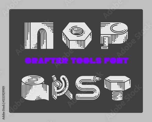 Set of vector crafter tools made in a shape of letters. Graphic design symbol alphabet font.