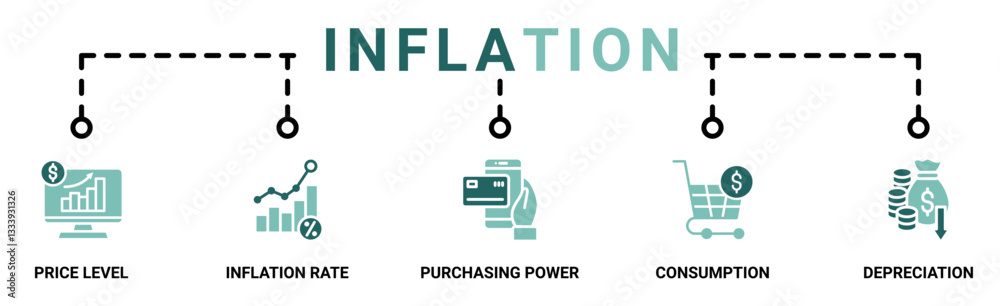 Inflation banner web icon vector illustration concept with icon of the price level, inflation rate, purchasing power, consumption, and depreciation Inflation banner web icon vector illustration concept with icon of the price level, inflation rate, purchasing power, consumption, and depreciation