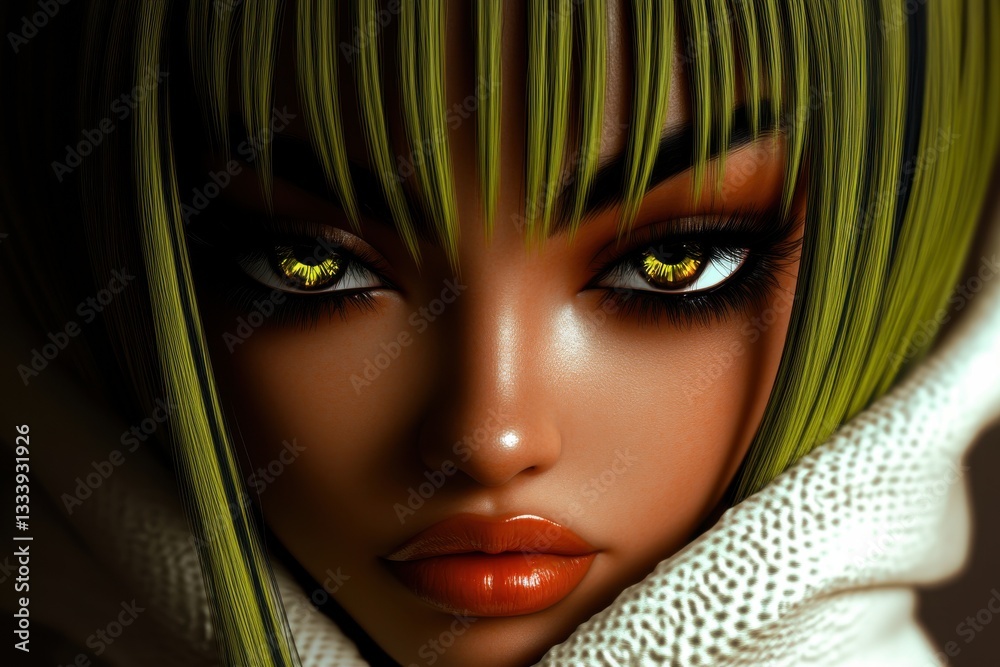 Striking portrait of a stylized figure with green hair and captivating golden eyes in a softly lit environment Striking portrait of a stylized figure with green hair and captivating golden eyes in a softly lit environment