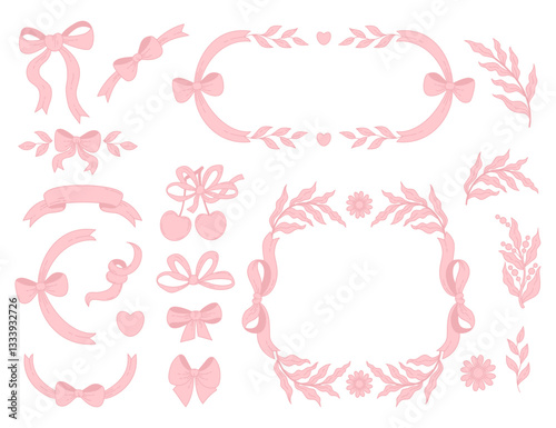 Vintage coquette pink ribbon bow with plants, cherry and frame border set. Romantic girly vibe. Vector illustration. Isolated Trendy aesthetic elements for design, invitation, card, decoration
