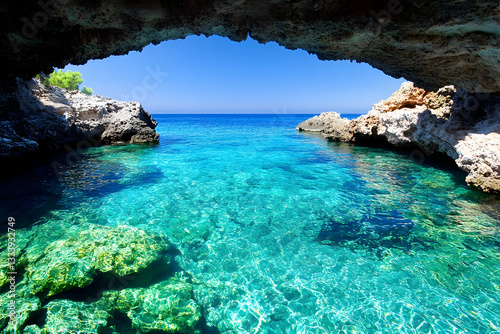 Crystal-clear cove under a rock archway. Scenic view.  Possible use Stock photo for travel brochure or tourism website