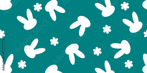 Cute bunny and flower pattern on teal background, perfect for spring designs. This playful design adds cheerful touch to any project