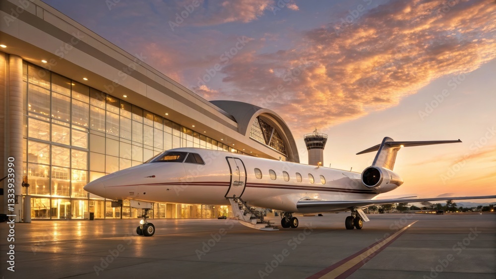 Obraz premium A sleek private jet parked at an airport terminal under a colorful sunset, highlighting luxury travel and modern aviation.