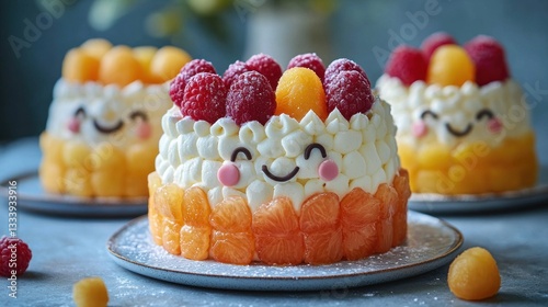 Cute fruit cakes decorated with raspberries on table