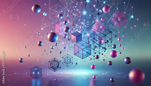 Glowing geometric shapes floating over a smooth gradient, creating a surreal and futuristic background wallpaper