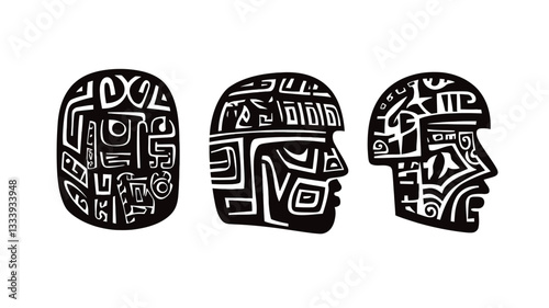 The image contains three distinct stylized head designs rendered in black and white.  The heads are presented in profile and frontal views. They feature abstract geometric patterns and textures,