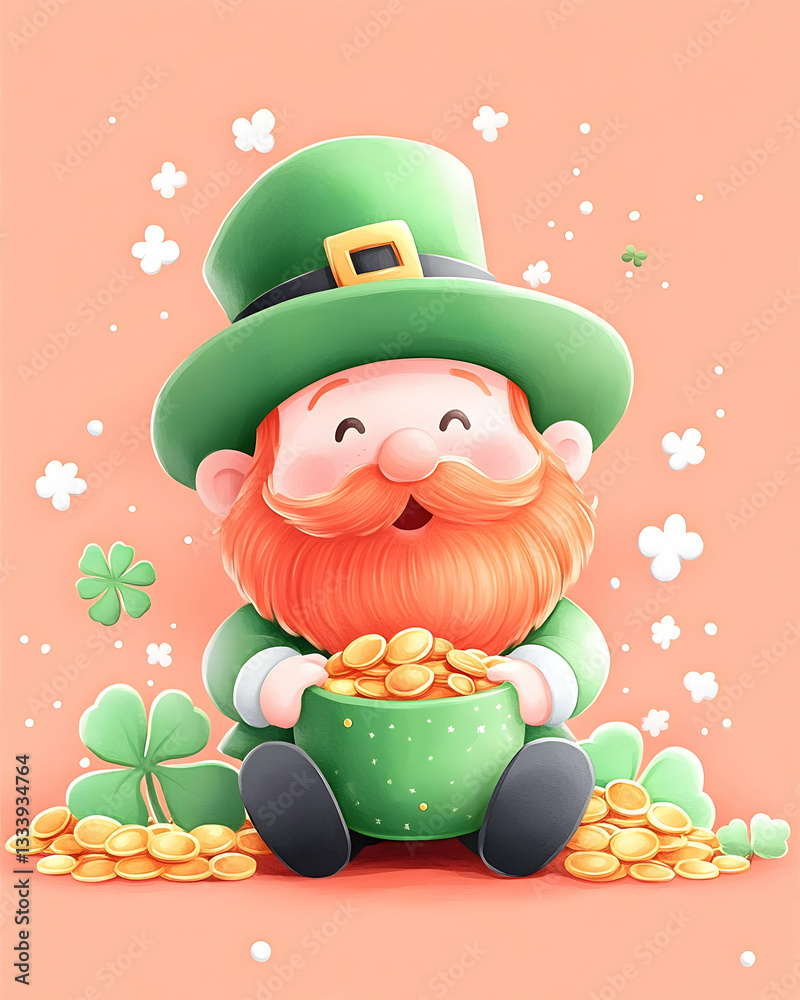 Naklejka premium Cute leprechaun with gold coins, festive illustration