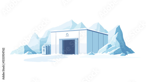 The image depicts a stylized, low-polygonal illustration of a large, white warehouse building situated in a snowy, arctic landscape. The building is cube-shaped with a large, dark blue loading bay