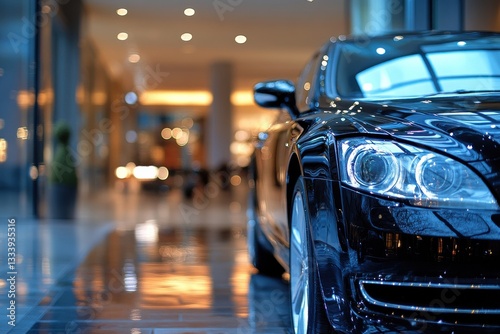 Luxurious black car parked in modern shopping mall interior at night