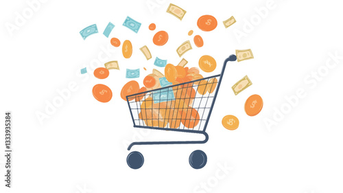 A digital illustration depicting a shopping cart overflowing with gold coins and various banknotes.  The coins and bills are also scattered around the cart, suggesting abundance and movement. The