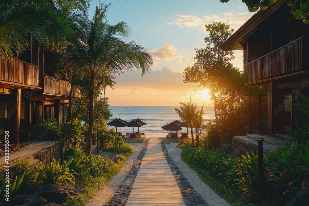 Fototapeta premium Tranquil Pathway to Tropical Beach at Sunset in Coastal Resort