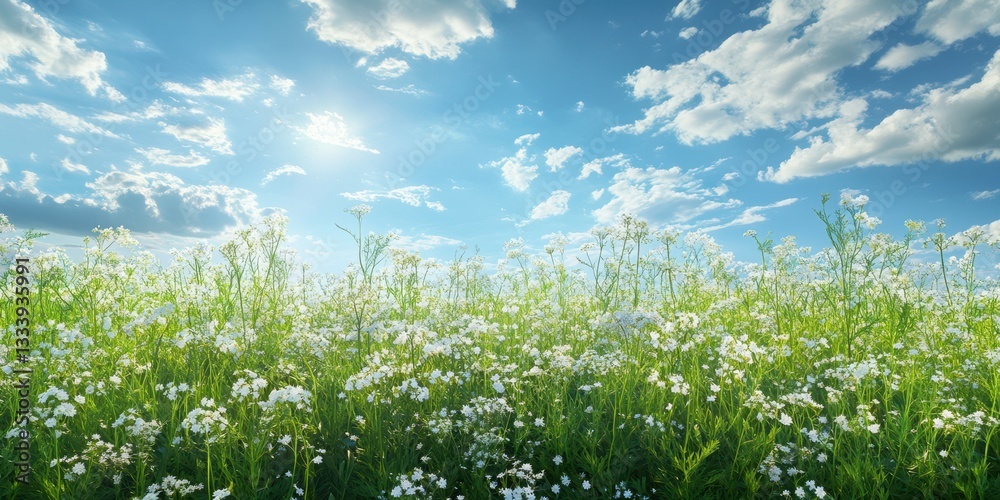 Sunlight shines on a vast field of white flowers under a bright blue sky with fluffy clouds Sunlight shines on a vast field of white flowers under a bright blue sky with fluffy clouds