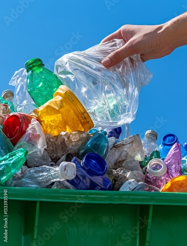 Hand discarding plastic waste into overflowing dumpster against clear sky