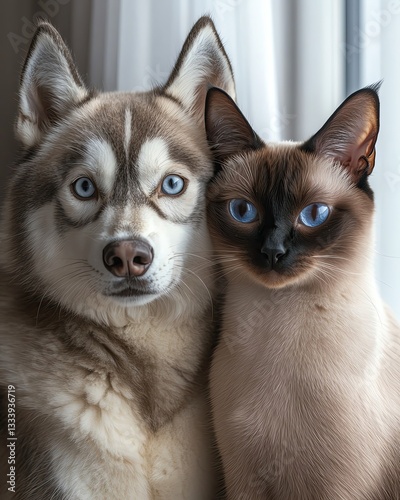 A husky and a Siamese cat together.