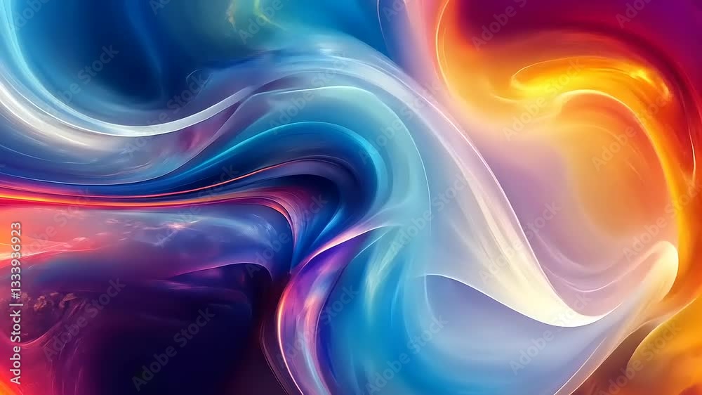 Vibrant abstract swirls of blue, orange, and white creating a dynamic visual flow in a colorful background