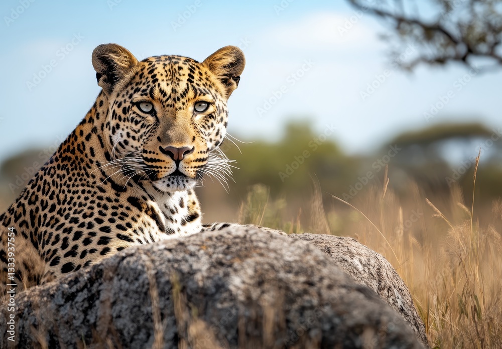 Fototapeta premium Majestic leopard resting on a rock in the savannah with striking patterns, intense gaze, and surrounding natural landscape under a bright sky