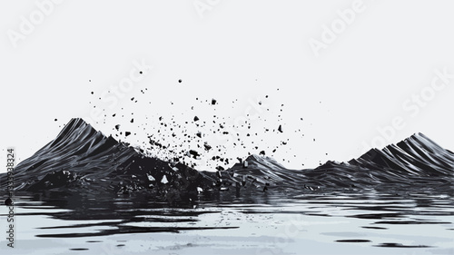 The image is a high-contrast monochrome abstract representation of a mountain range created with black ink.  The ink is applied in a dynamic, splatter-like manner, creating a sense of movement and