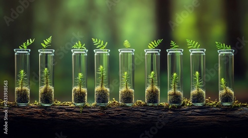 Saplings growing in test tubes on forest log