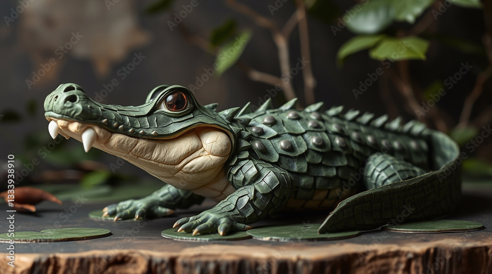Fototapeta premium An adorable, charming alligator sculpted from layered papier-mâché material captures the ancient enchantment of a swamp. The piece showcases its cunning nature, the obscurity