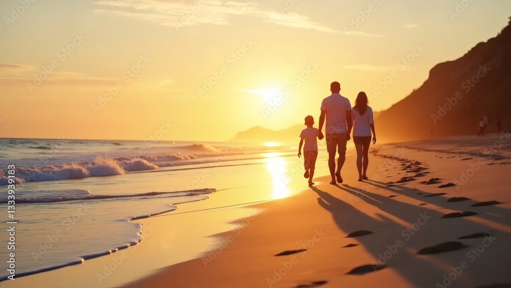 a family enjoys a leisurely stroll on a sunny beach. They are silhouetted against a stunning sunset, leaving footprints in the sand a family enjoys a leisurely stroll on a sunny beach. They are silhouetted against a stunning sunset, leaving footprints in the sand