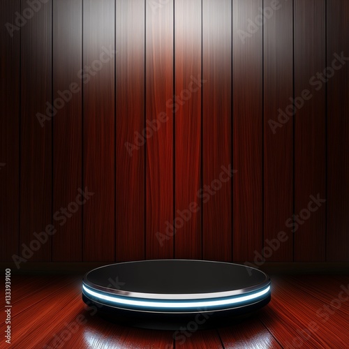 Presentation, modern elegant presentation on wooden podium for product display, modern showroom and illuminated showplace. Product advertisement showcase
