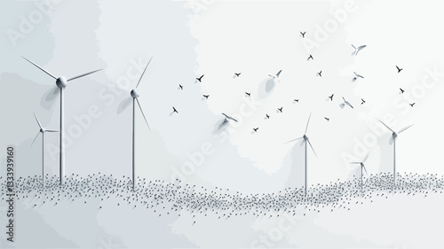 The image depicts a minimalist design featuring several stylized wind turbines and a scattering of dandelion seeds on a solid white background.  The wind turbines and seeds are rendered in shades