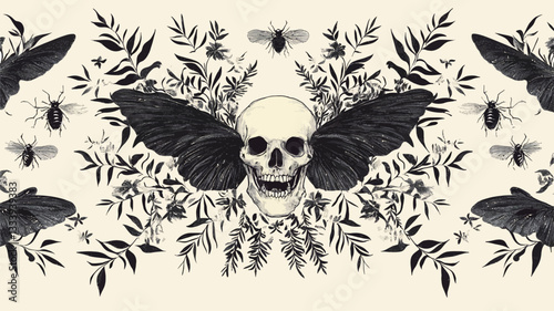 The image is a digital illustration featuring a centrally positioned human skull adorned with large, dark moth wings.  The skull is framed by a symmetrical arrangement of stylized floral elements
